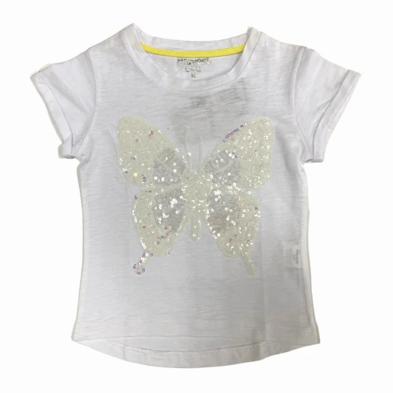 

Wholesale children's white girl t-shirt 100% combed cotton short sleeves custom Girl's beaded embroidered t-shirt for kids girls