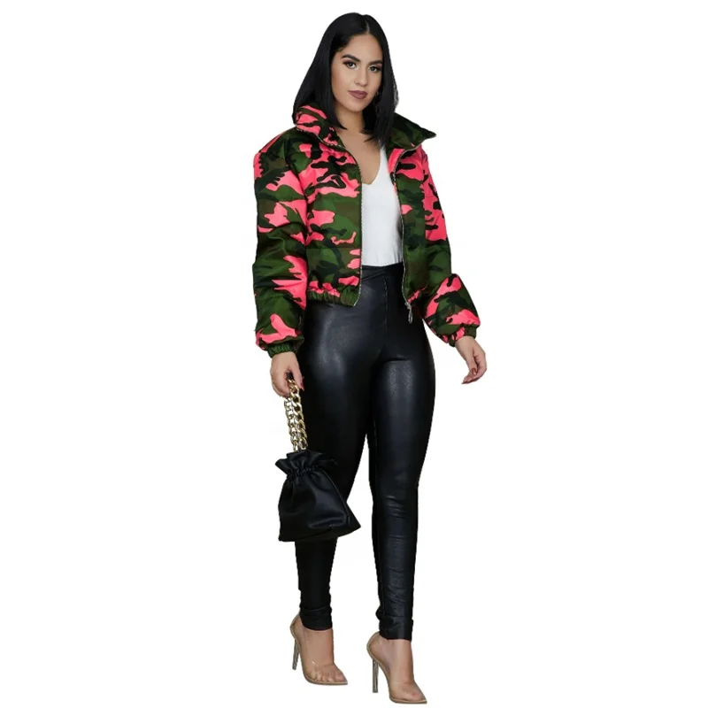 

Ladies Fashion Sexy Short Custom Bubble Camouflage Jacket Plus Size Winter Coats