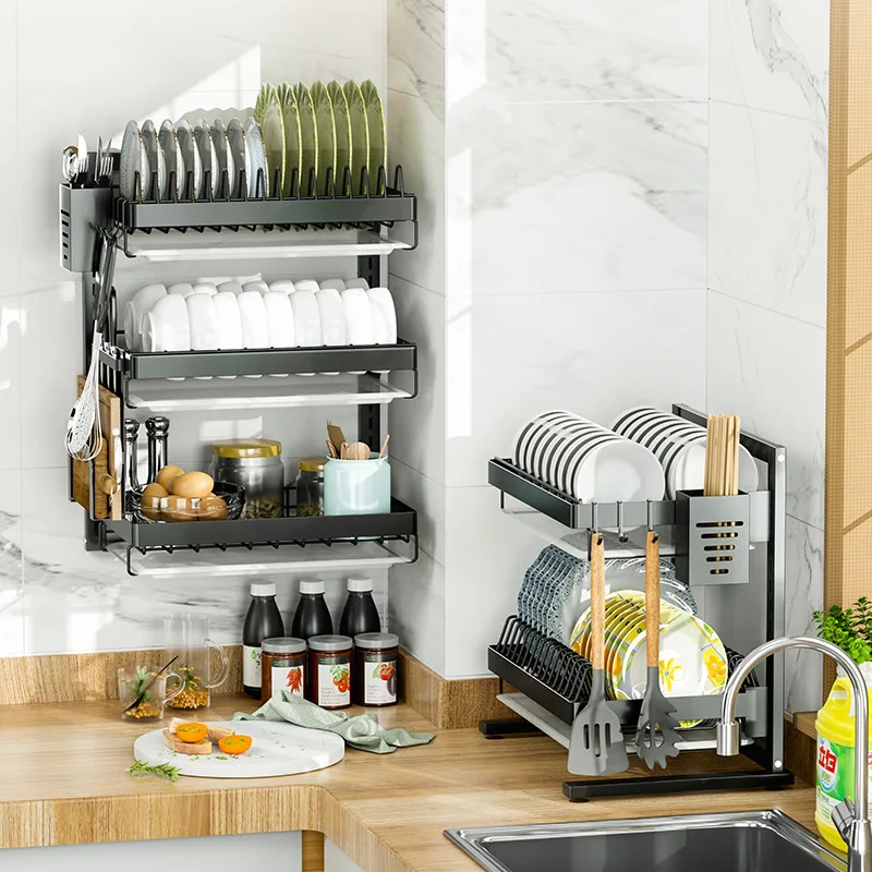 

Free standing large capacity over the sink dish drying rack stainless steel set organizer for kitchen storage, Black