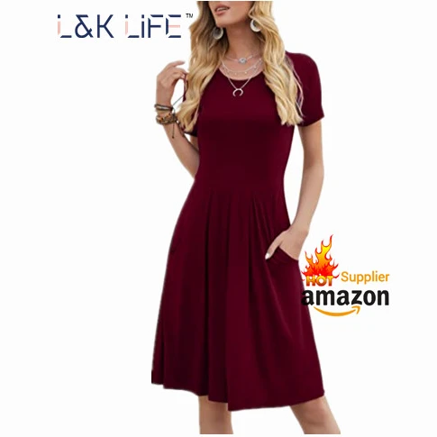 

Solid Color Short Sleeve Knee Length Casual Ladies Dress Evening Dresses, Picture color
