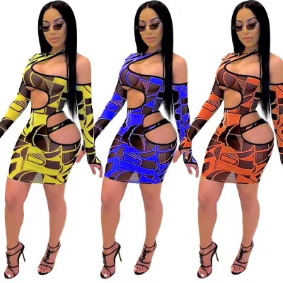 

B34743A 2020 Fashion lady sexy colorful print hot cut out bandage dress, Shown
