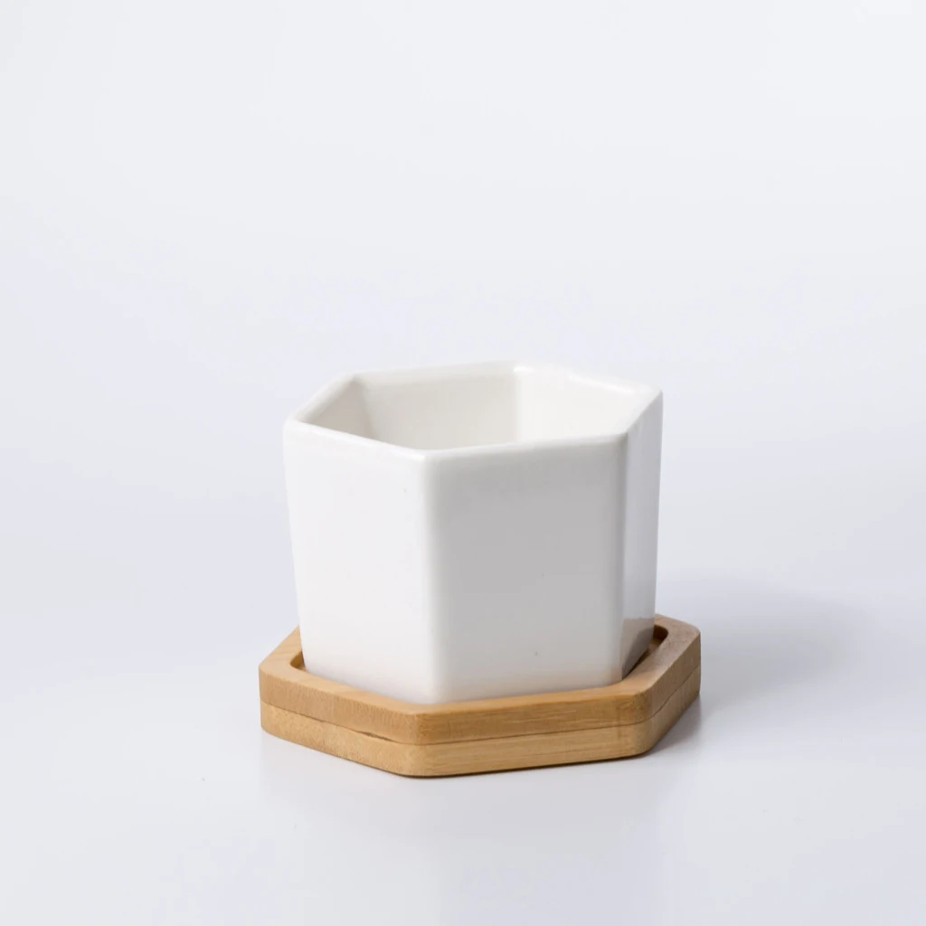 

wholesale modern white decorative garden flower holder mini size hexagon ceramic flower succulent plant pot with bamboo tray