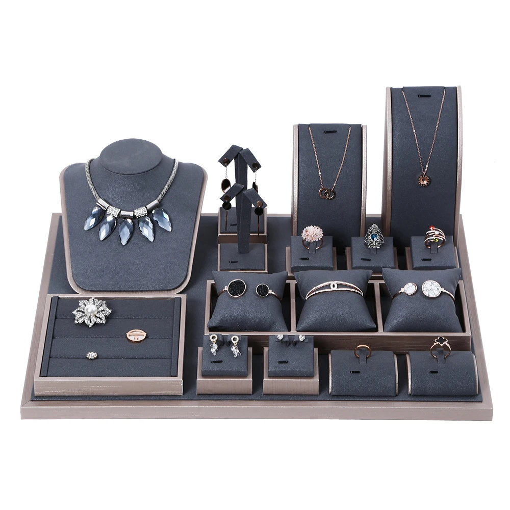 

Luxury Gray Earring Holder Stand Necklace suede Tray set jewelry display, Grey