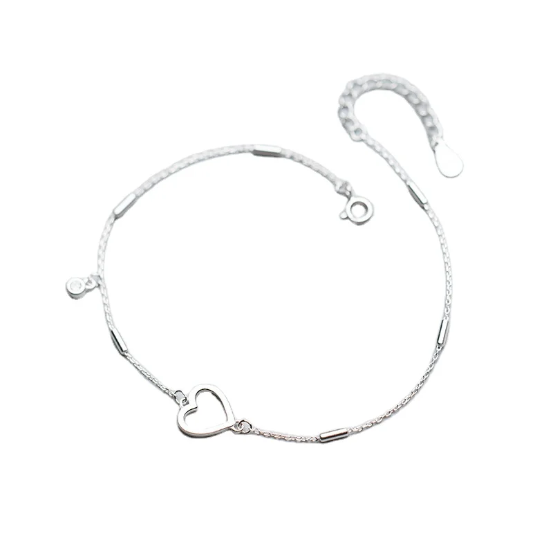 

New Design Fashion Simple S925 Sterling Silver Jewelry Hollow Heart Handmade Zircon Customize Female Anklets