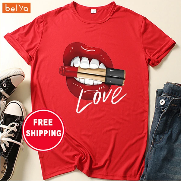 

Top Quality Camiseta De Mujer Sexy Red Lip Print Tee Shirt Polyester Soft White Tee-Shirts 90s Love TShirt with red lips