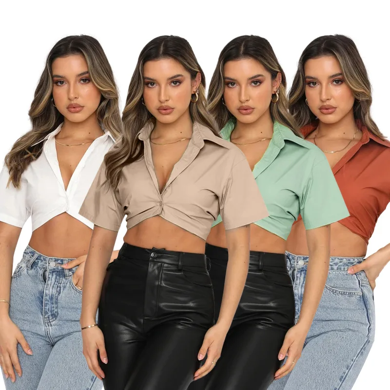 

Custom Logo Lapel Sexy Crop Tops And Shirts For Women Solid Casual Blouse