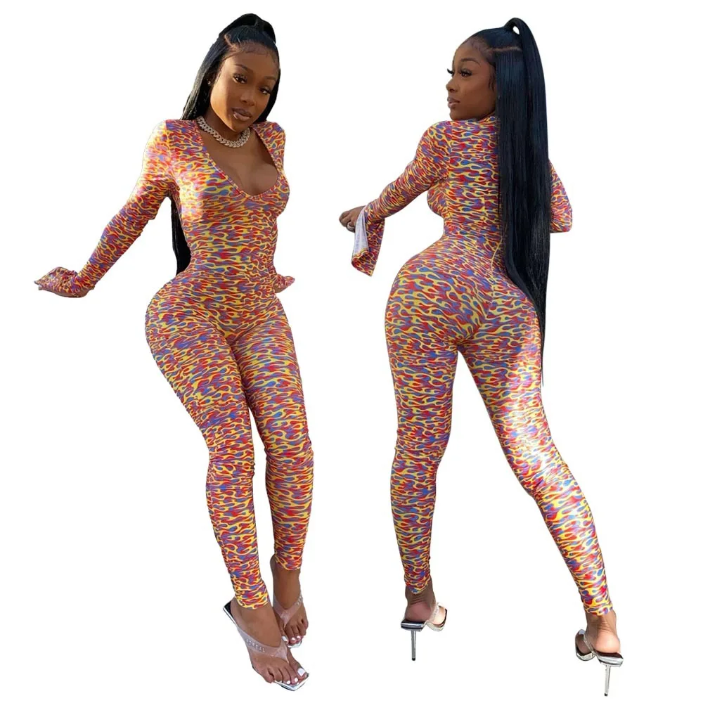 

Wholesale Sexy V-neck printed long sleeve jumpsuit, Customized color