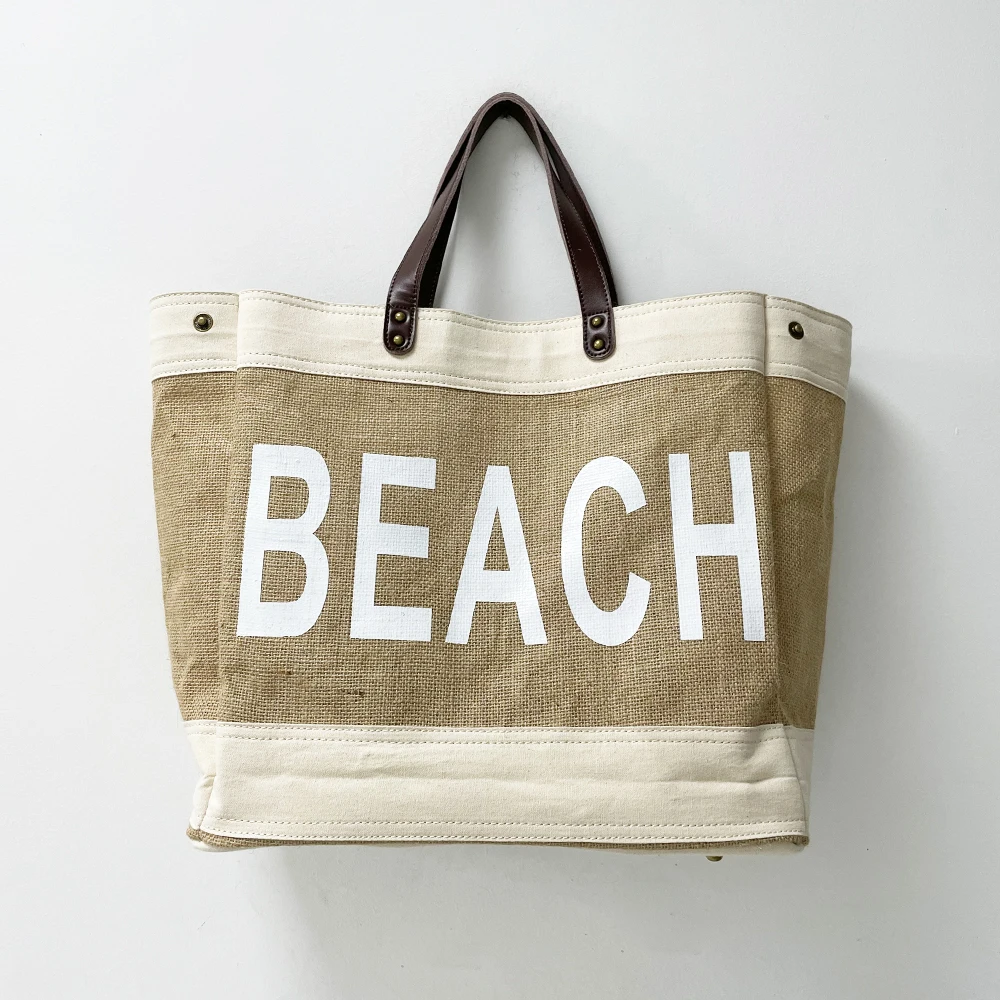 

JUTE TOTE WITH LEATHER HANDLE FOR SHOPPING AND BEACH LADIES