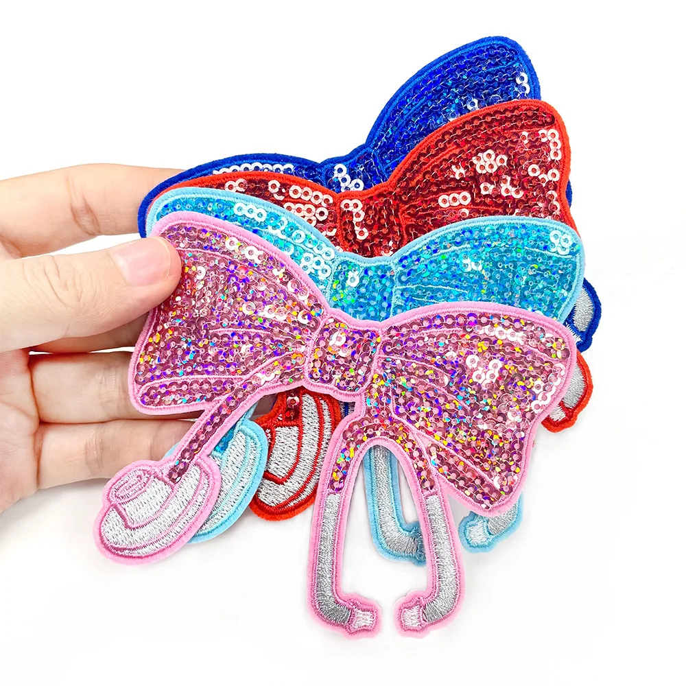 Wholesale Sequin Side Bow Pink Glitter Appliques Iron on Bow Sequin Patches for Clothing