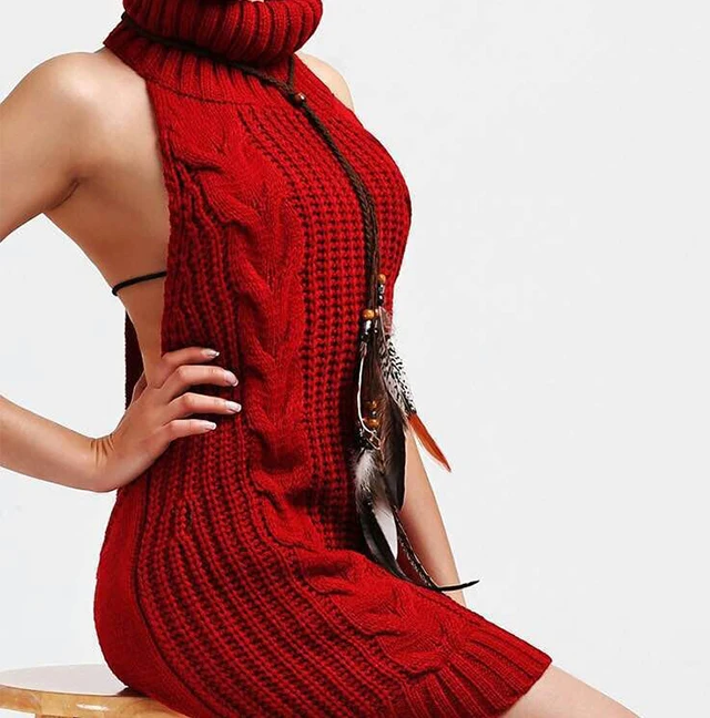 

Europe Cheap Female Sexy Sleeveless Long Top Ladies Knitted Knitwear Women Turtle Neck Backless Sweater, Customized color