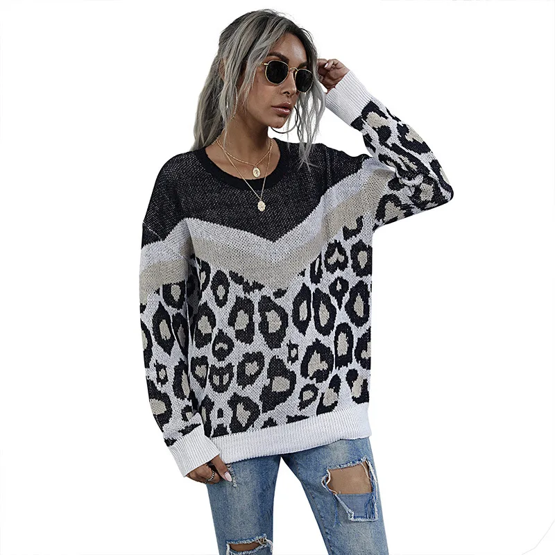 

Autumn Leopard Print Stitching Contrast Color Loose Round Neck Knitted Sweater Women's Pullover Winter