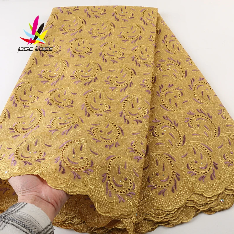 

2021 Latest African Fabrics Pearl Golden Embroidered African Swiss Voile Lace Nigerian Lace