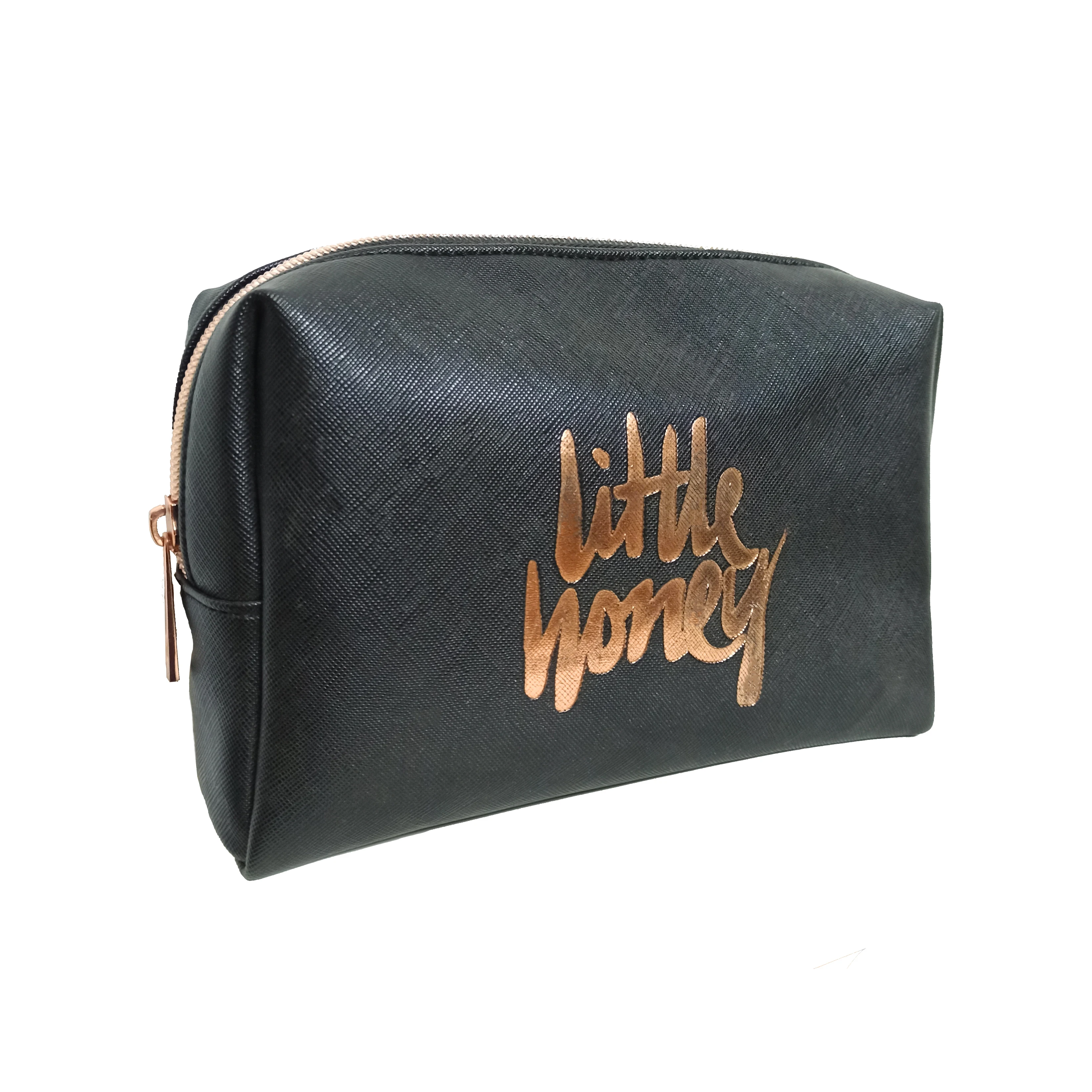 

Women Small Size Square Printed Rose Gold Logo Black PU Cosmetic Bag
