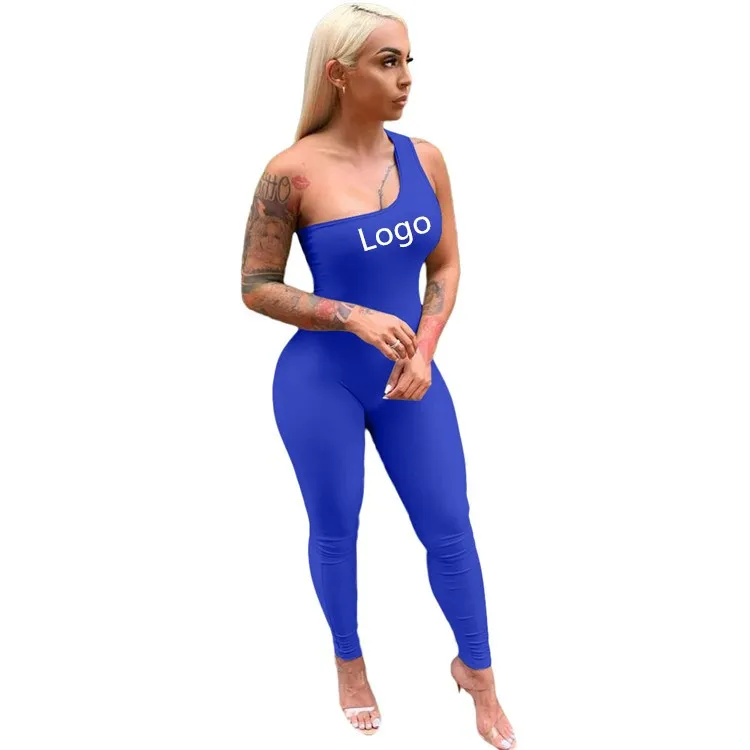 

Ready to ship custom logo sleeveless plus size lift the hips sport fitness jumpsuit sexy white one shoulder formal jumpsuit