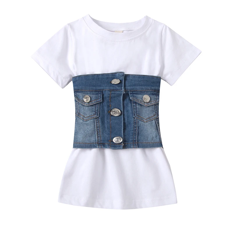 

Newest summer short sleeve white color denim vest fashion kids boutique clothes girls dresses, As picture show