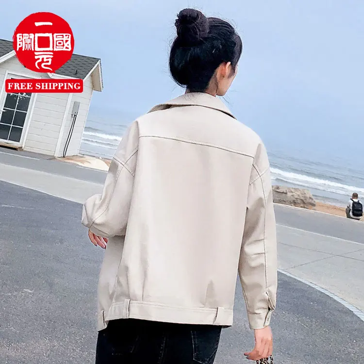 

Spring and autumn new Korean style short solid color long-sleeved lapel pu leather jacket female motorcycle suit