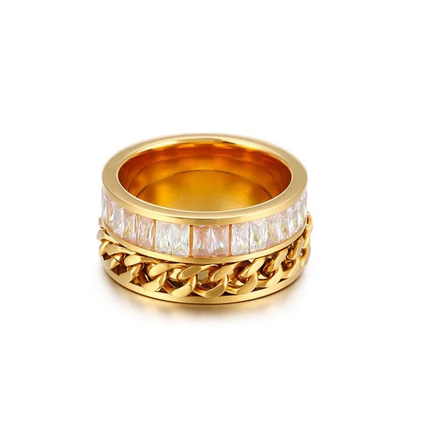 

Fashion New Chain Asscher Cut Zircon Ring Stainless Steel Gold Plated