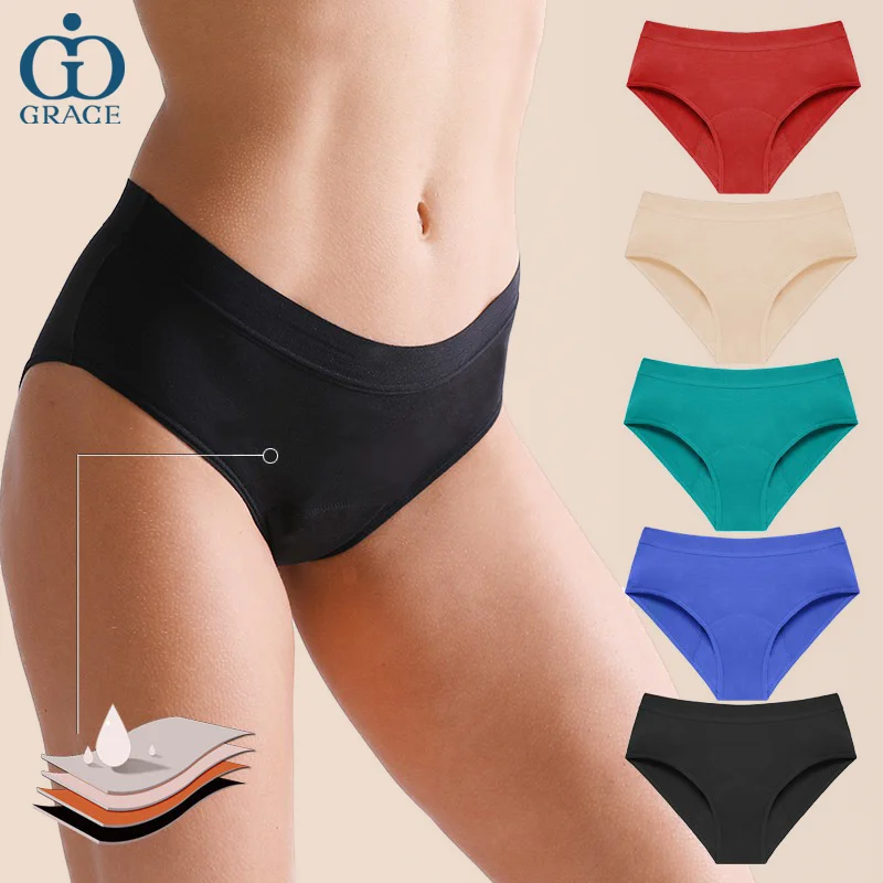 

GRACE 4 Layers Colorful Bamboo Bragas Menstruales Absorbent Lining Leakproof Physiological Menstrual Underwear Period Panties