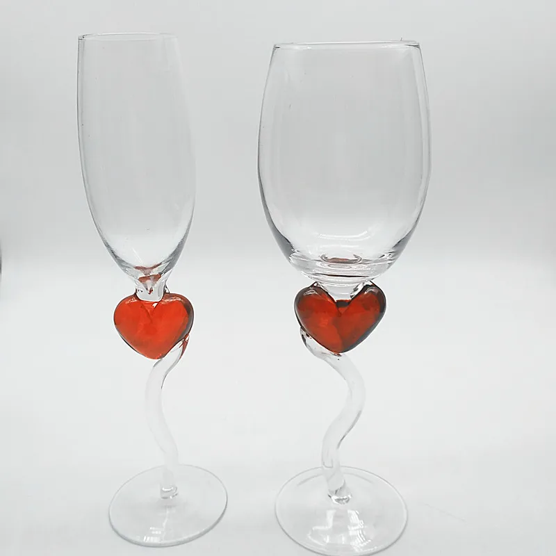 Clear Glass Cup Green Red Swirl Stem Red Heart Stem Wine Glass Goblet