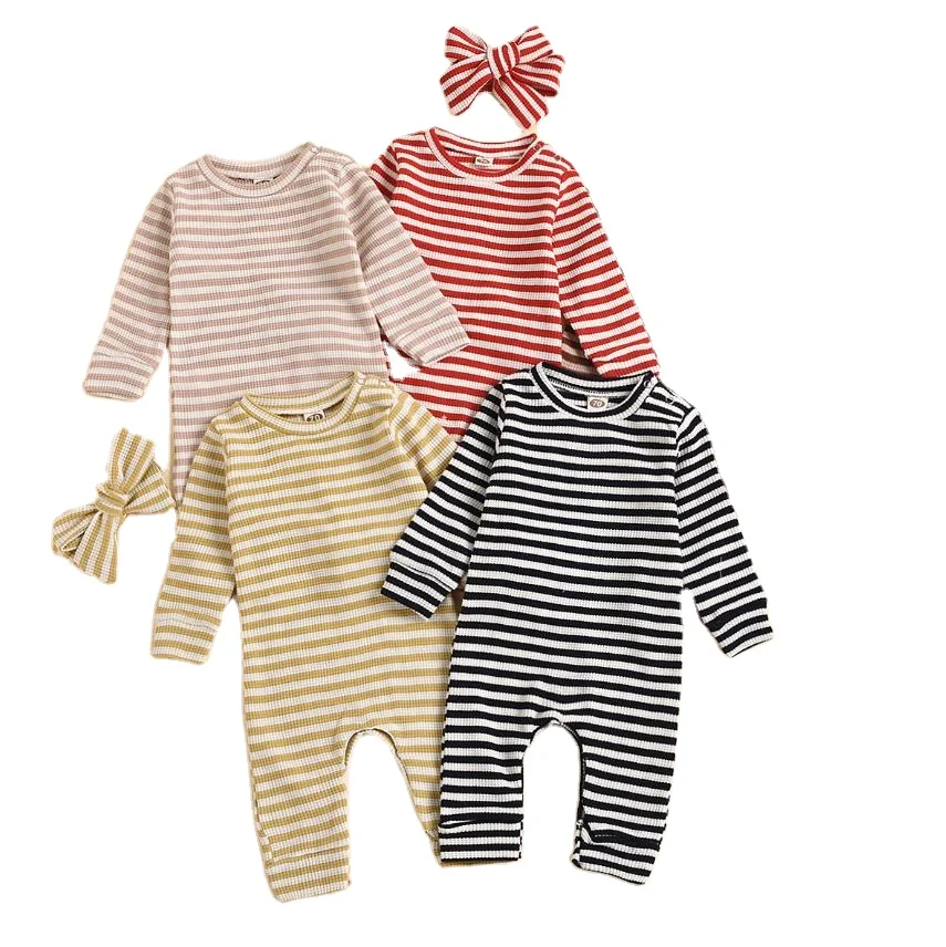 

With headband baby boys' and girls' striped rompers infants long sleeves bodysuits toddlers cotton jumpsuits