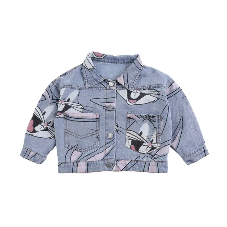 

New Hot Sell Kids Cartoon Long-eared Rabbit Print Denim Coat Girls Jean Jackets, Light blue