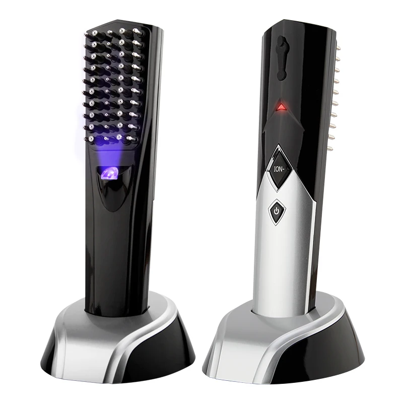 

Infrared Blue Negative Ion Led Light Therapy Laser Massage Hair Comb Hair Regrowth Comb, Black and silver