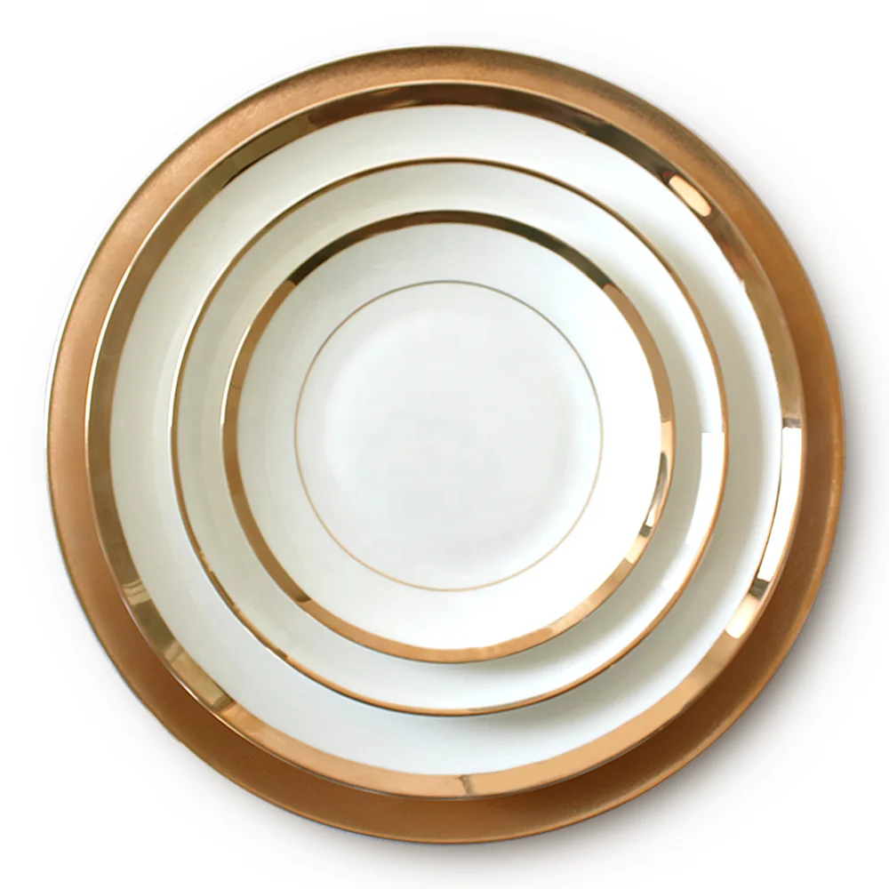 

Elegant ceramics plates sets porcelain dinnerware White Gold Restaurant dishes set Chinese Bone Porcelain, White with gold rim
