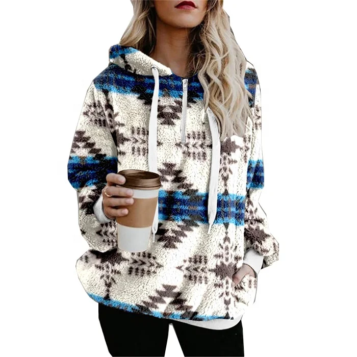 

Free Shipping Hot Sale Winter Warm Cozy Boho Style Printed Hooded Sweatshirt Women Aztec Plush Hoodie, Accept customized color