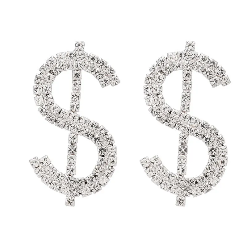 

Fashion Personalized Luxury Bling Crystal Dollar Earrings Statement Full Rhinestone Money Sign Drop Earrings Women 2020 Jewelry, Silver