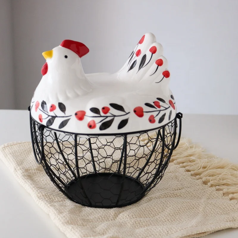

Hen Storage Basket Wrought Iron Ceramic Eggs Living Room Fruit Nordic Decorations Kitchen Strawberry Tube, Blue/basket