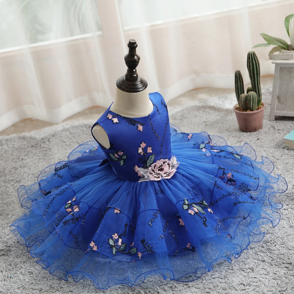 

European Style Embroidered little girl party dress applique Girl Tutu Dress cotton children's birthday party dress, Blue,red,yellow,pink