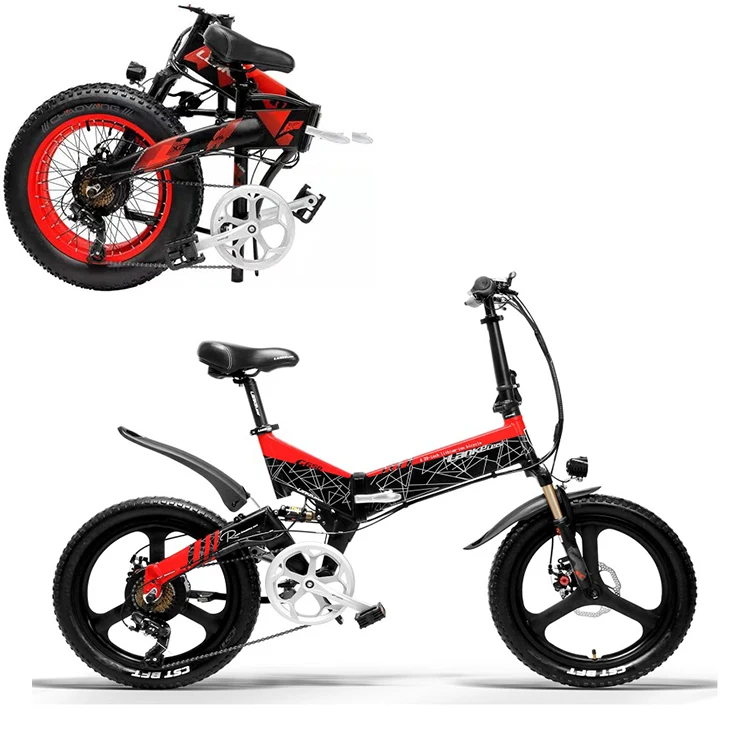 

LANKELEISI Folding electric bike full suspension Ebike 7-Speed 48V 400W With 13AH L G Battery, Black&red ,black&yellow