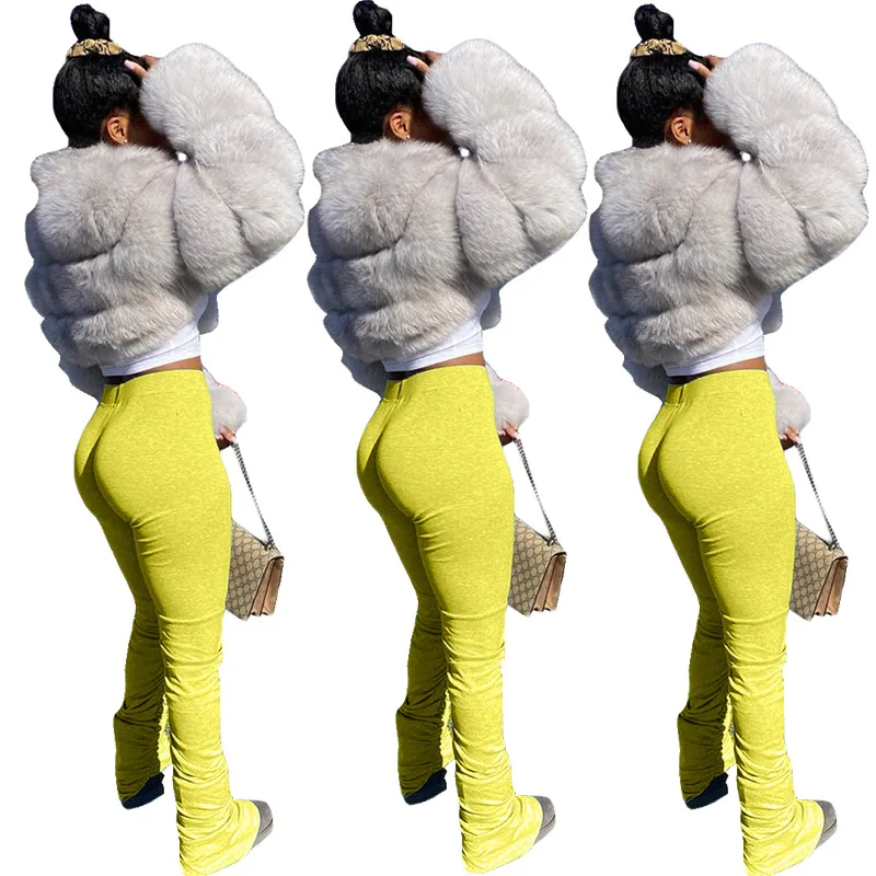 

2021 Fashion Women Mid Waist Drawstring Tie Pleated Stacked Leggings Flared Pants