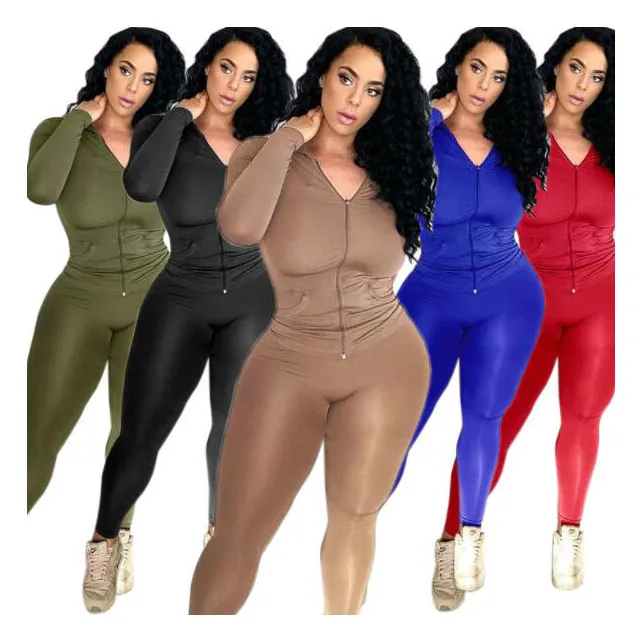 

W1081 Solid Fitness Long Sleeve Hooded Jackets Sporty Jogger Legging Women Two Piece Matching Set Stretchy Workout Tracksuit