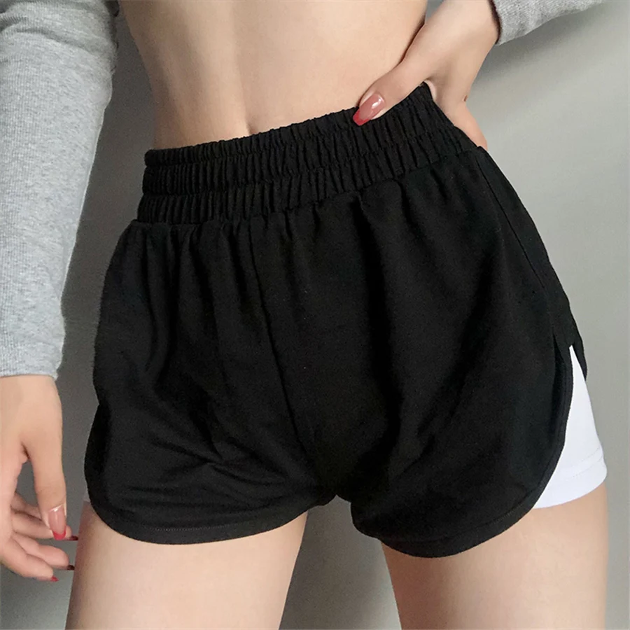 

Nibber K21P01212 Custom Letter Embroidery Double Layed Casual Streetwear Shorts Woman Clothing Solid Color Women Simple Shorts, Black