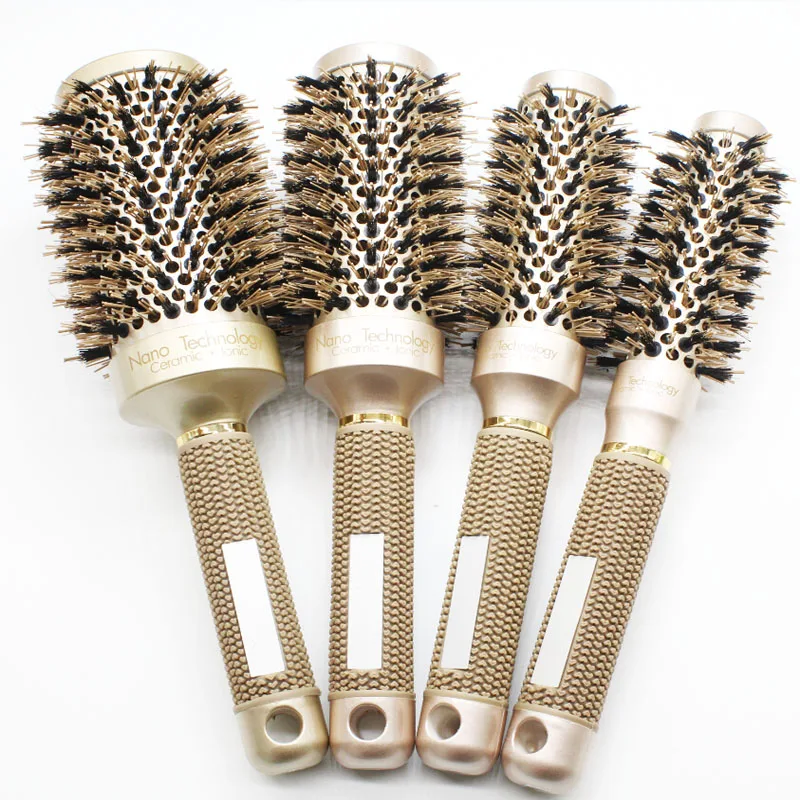 

Nano Ionic Boar Bristle Hair Brush Salon Comb Barrel Blow Dry Hair Round Brush In 4 Sizes Professional Salon Styling Tools, Gold