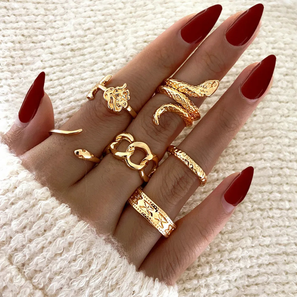 

Retro Rings Jewelry Sets Women All Fingers Punk Snake Dragon Men Exaggerated Antique Gold Siver Color Vintage Ring