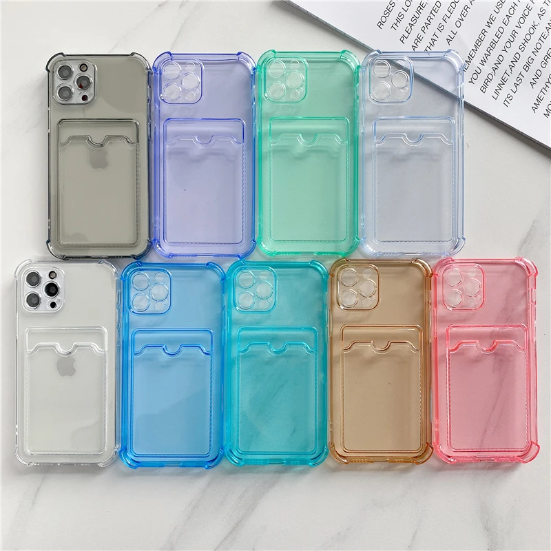 

Credit ID Card Slot Pocket Crystal Clear TPU Shockproof Cases Cover For Iphone 12 11 13 Pro Max Camera Hole Airbag Four Corner