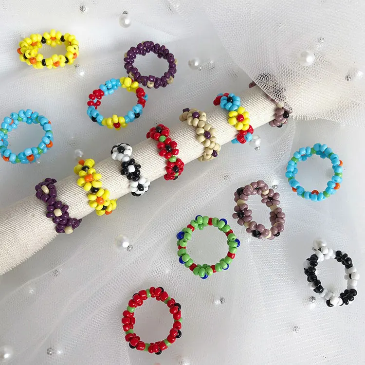 

Ins Style Daisy Flower Bead Rings Jewelry Women Creative DIY Handmade Multi-color Plastic Flower Beaded Ring Beads Girls