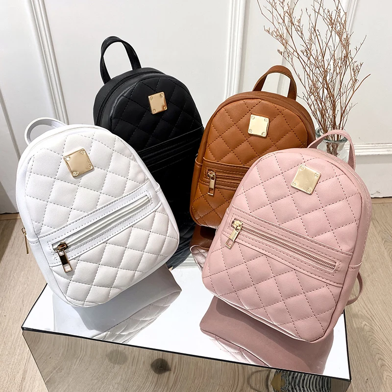 

New Hot sale school bag fashion texture rhombus mini backpack ladies leather women large capacity travel outdoor small backpack