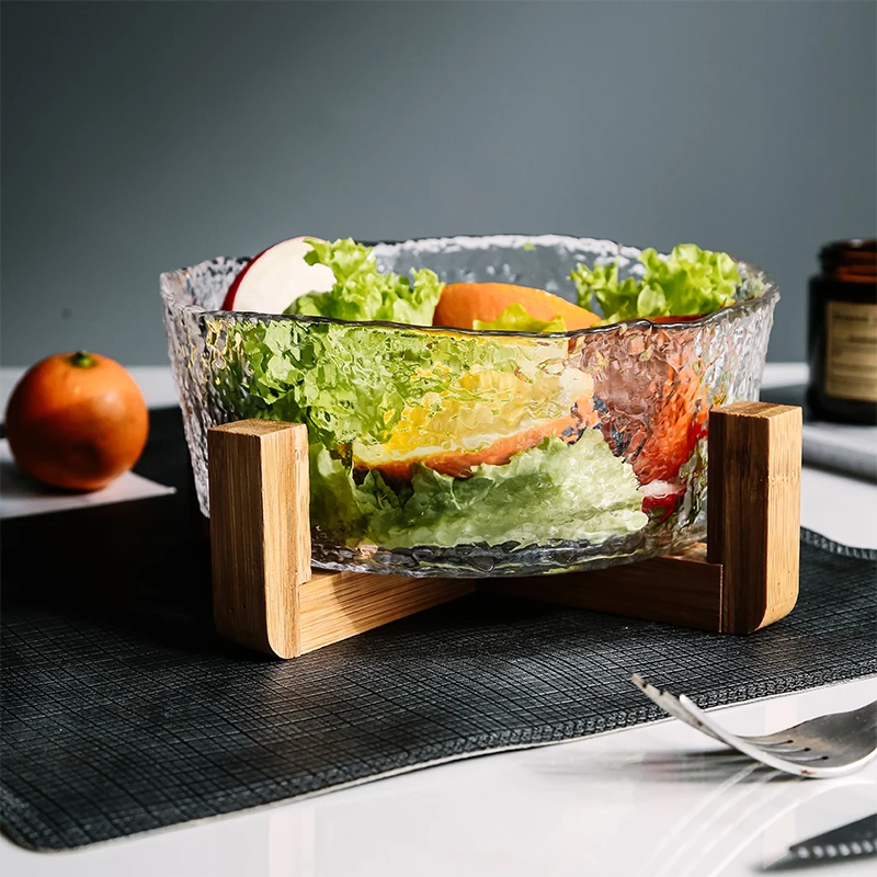 

Large Glass Salad Bowl - Mixing and Serving Dish - Clear Glass Fruit and Trifle Bowl with wooden stand, Colorful,transparent