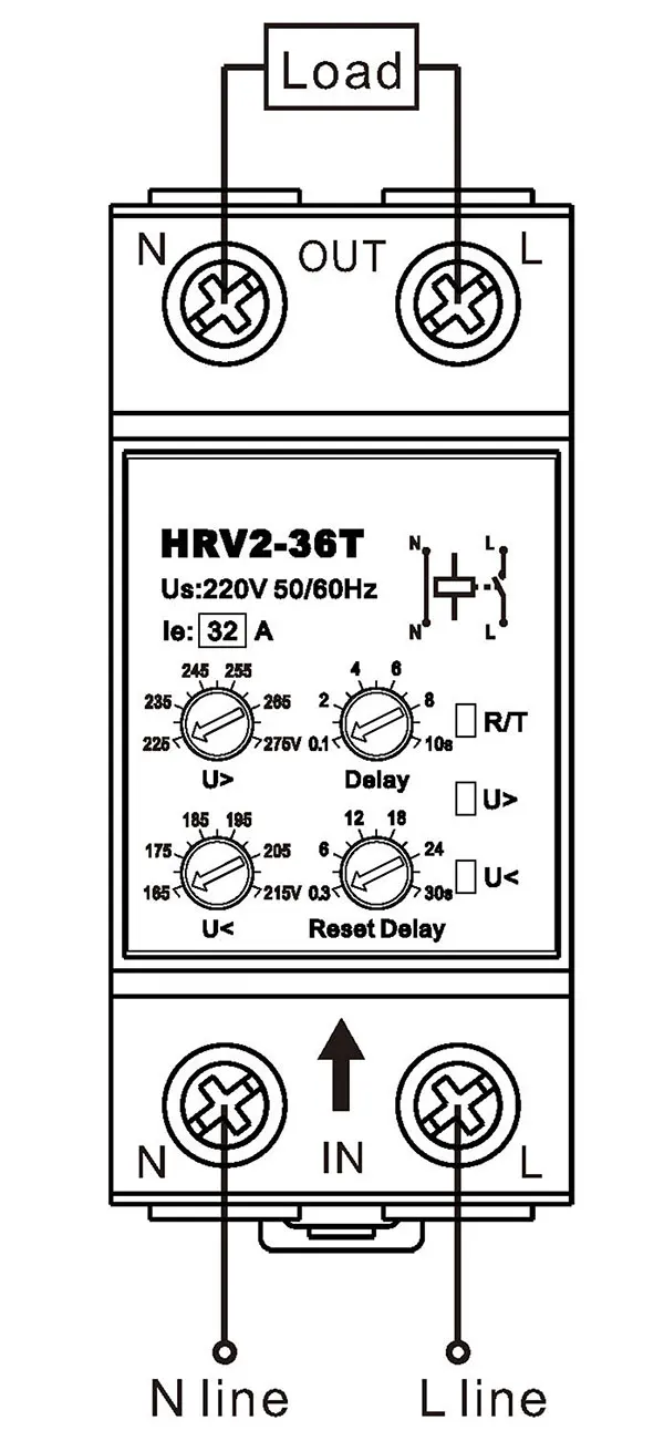 HRV2-36T 40A 220V 230V Adjustable auto recovery reset reconnect Din rail Over Under Voltage Protector protective device