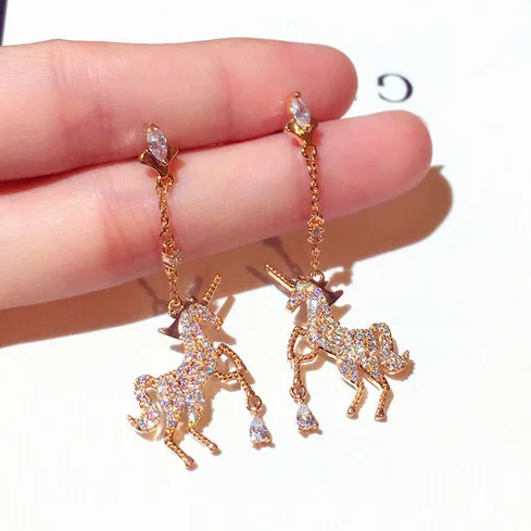 

New Ear Clip Pink Crystal Unicorn Earrings for Women Wedding Gift Cute Animal Earrings for Girl, Picture shows