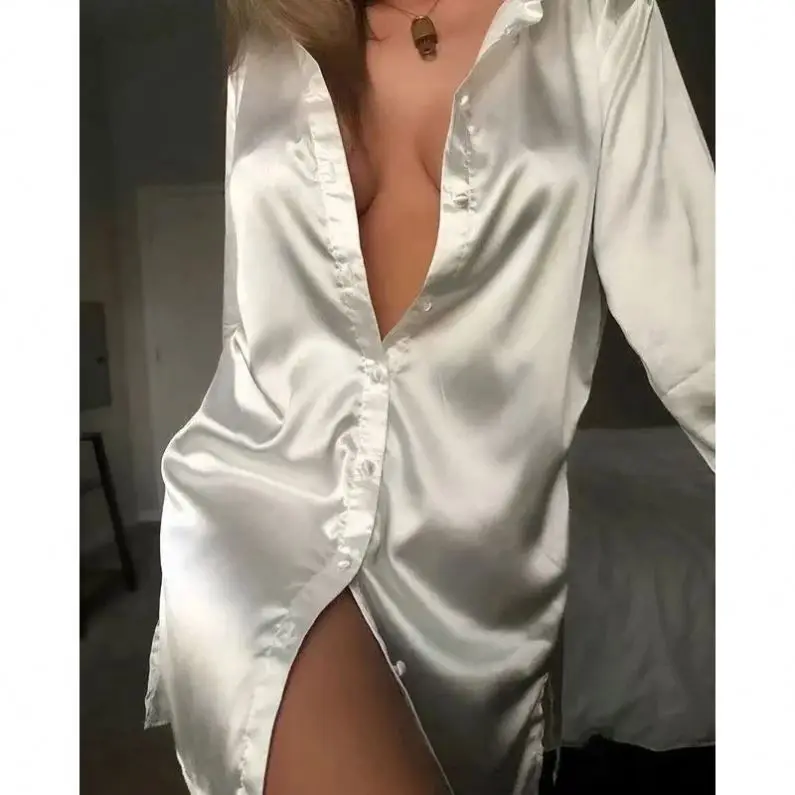 

Solid Colour Long Sleeve button Blouse Dresses Women New Fashion Elegant Satin Dress Turtleneck Ladies White Tops blouse