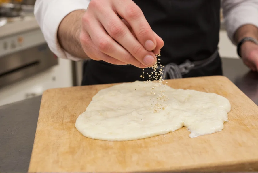 Chef seasoning a creamy white sauce with freshly ground white pepper