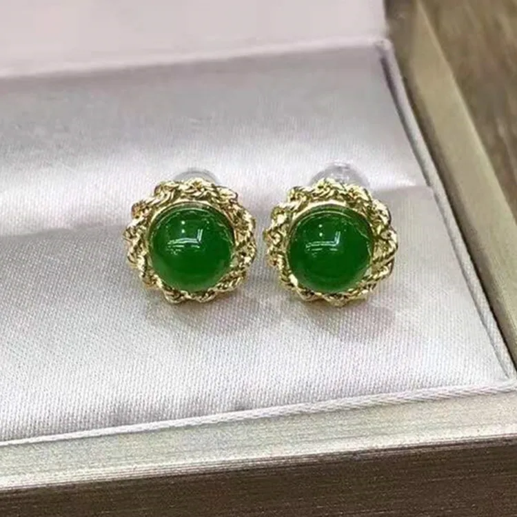 

beautiful delicate jade gemstone jewelry gift 18k gold 6mm natural green Hetian jasper stud earring for women