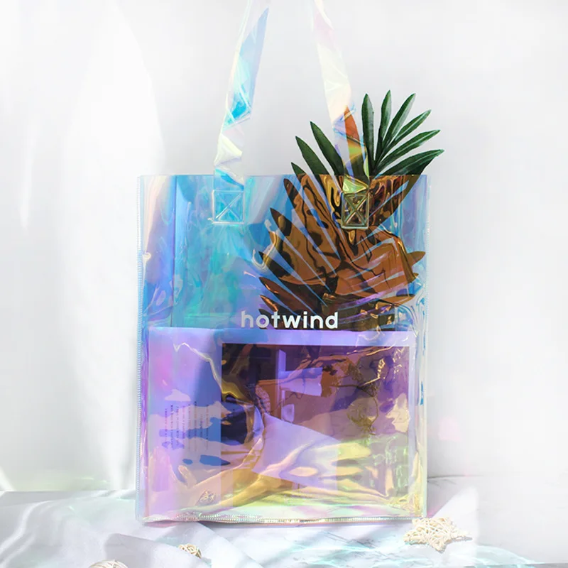 

Holographic reusable bags printing logo design of ribbon handle pvc bag oem