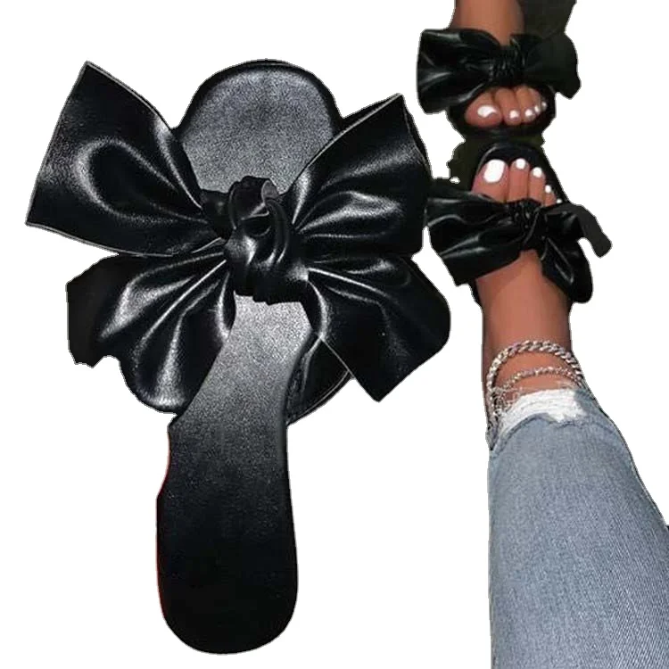 

Summer women's fashion leather cute bow beach ladies slide flat sandals slippers