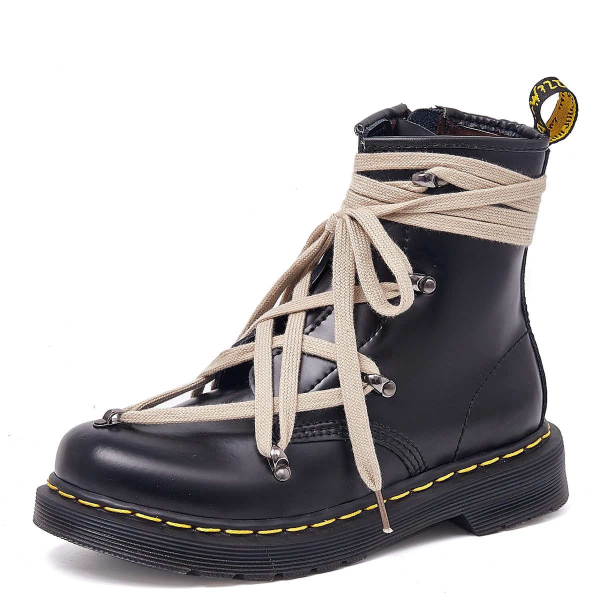 

2021 Trendy Women's Black Round Toe Side Zipper Chain Trim Design Flat Boots