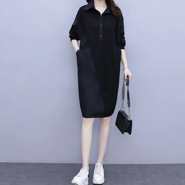 

Ladies Long Sleeve Casual Single-Breasted Black Bodycon Streetwear Shirt Dress